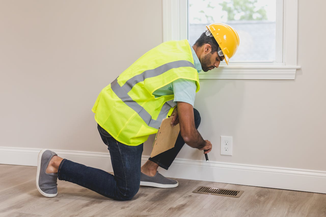 Crafting Captivating Headlines: Your awesome post title goes here Construction worker conducting a home inspection indoors, using tools near a vent.